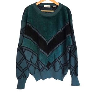 Vintage Bachrach Green Leather Panel Pullover Crewneck Sweater Chevron Mens XXL